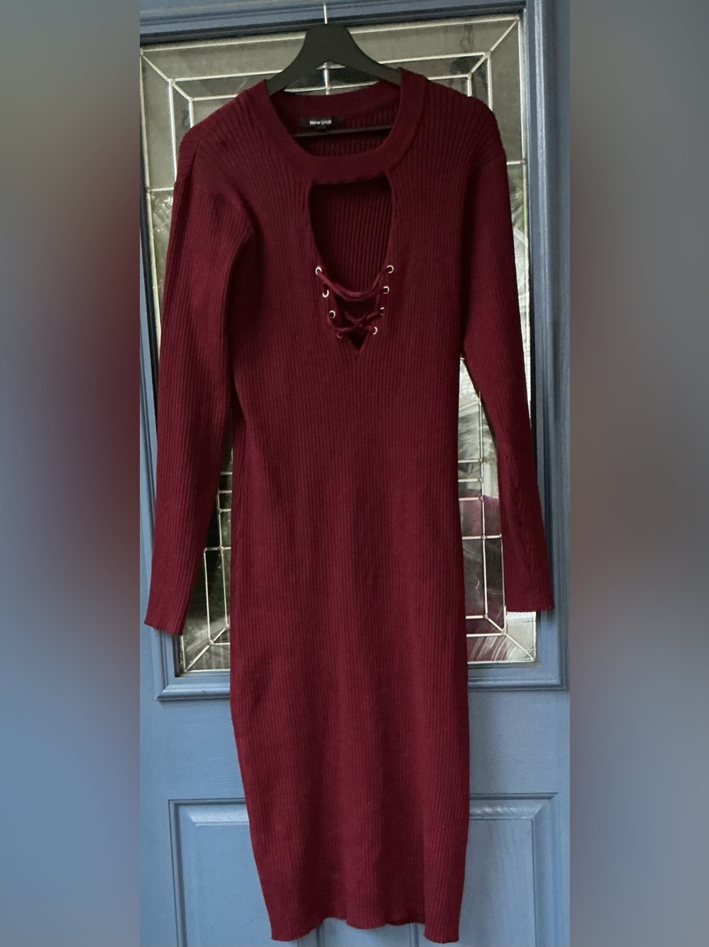 New Look Burgundy Lace-Up Ribbed Long Sleeve Dress